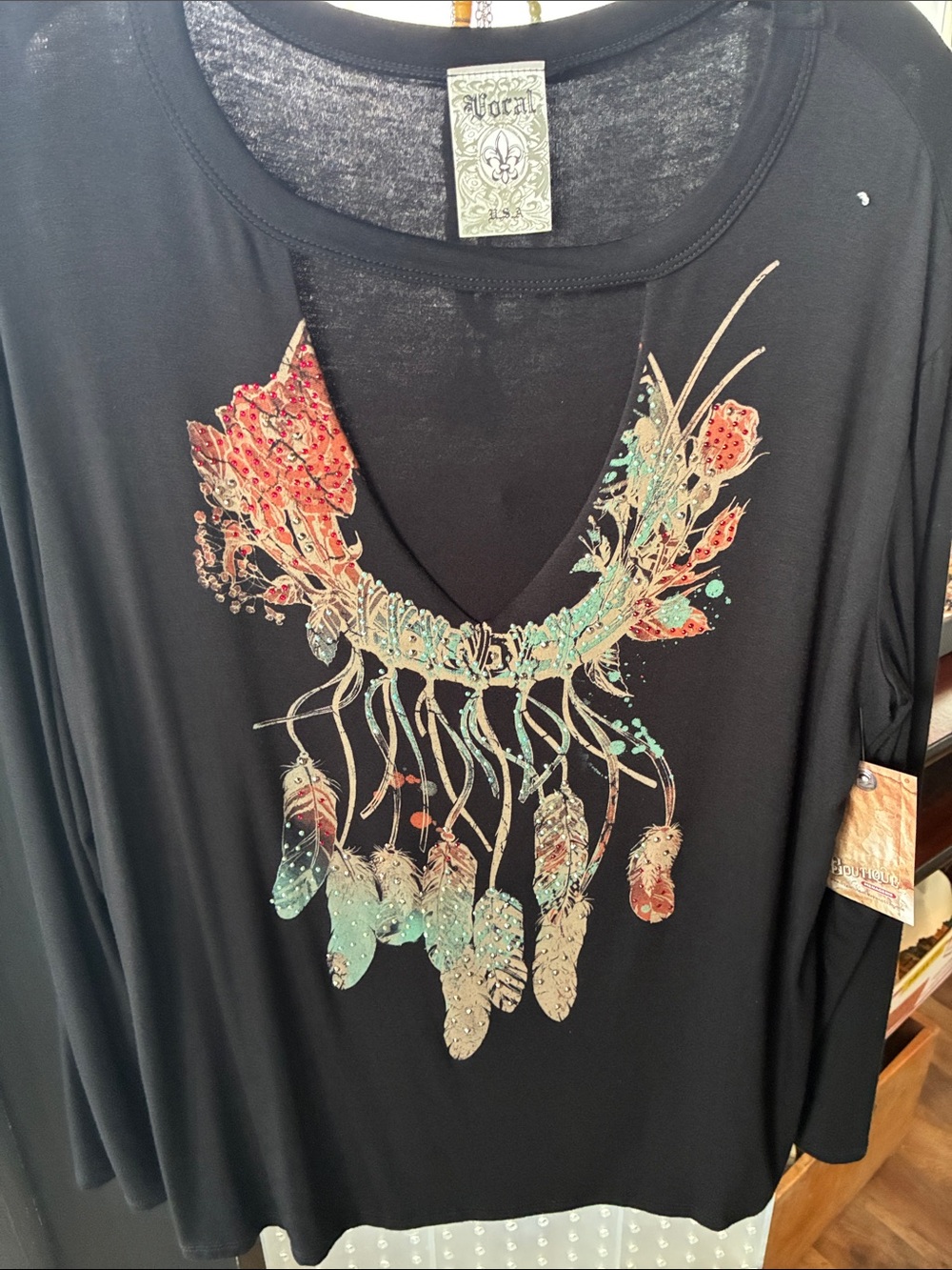 Vocal Black V-Neck Long Sleeve Top with Feathered Floral Graphic - Picture 2 of 3